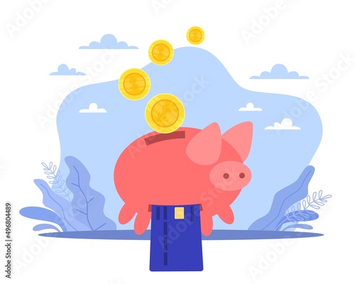 Conversion of savings. Cash withdrawal, keeping money in bank, credit card and golden coind in moneybox, online payment and transaction, banking application vector cartoon flat concept photo