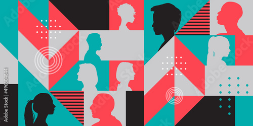 cross cultural, racial equality, multi ethical, diversity people. woman, man, children empowerment, tolerance, discrimination. wide banner background of human profile silhouette, vector illustration