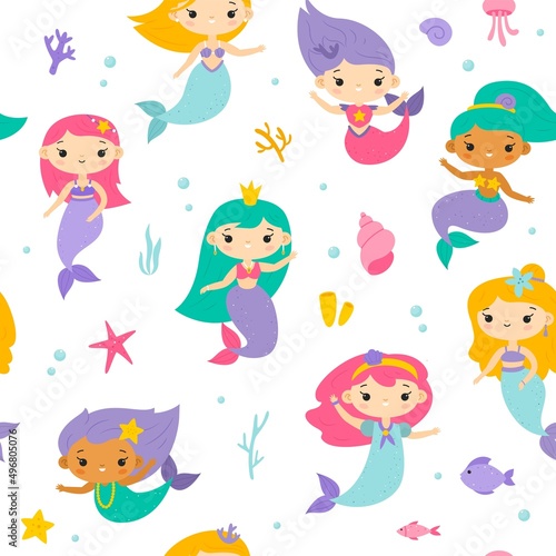 Cute seamless mermaids pattern. Funny little underwater princesses with fishes tails  cartoon seaweed  shells. Fairy creatures isolated on white background. Decor textile  vector print