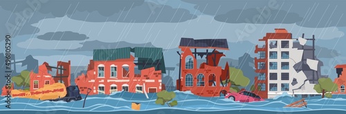 Damaged city landscape. Global flooding, cityscape damaged house facades, natural cataclysm, water disaster illustration, urban constructions ruins panorama, vector cartoon flat concept
