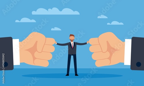 Diplomacy. Broker, diplomacy meeting with buffer, prevention of conflict, businessman between two fists, opposition mind, confrontation and competition, vector cartoon flat concept