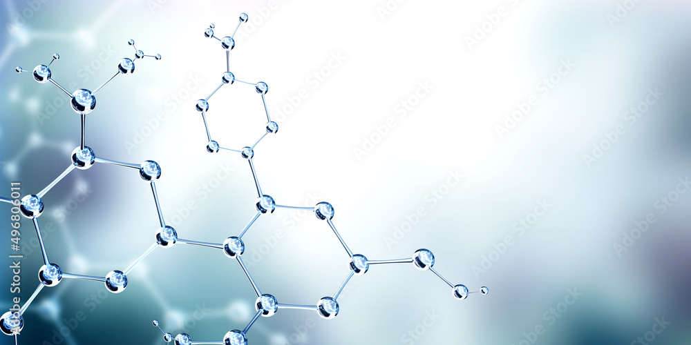 Horizontal banner with models of abstract molecular structure. Science or education background with atom model