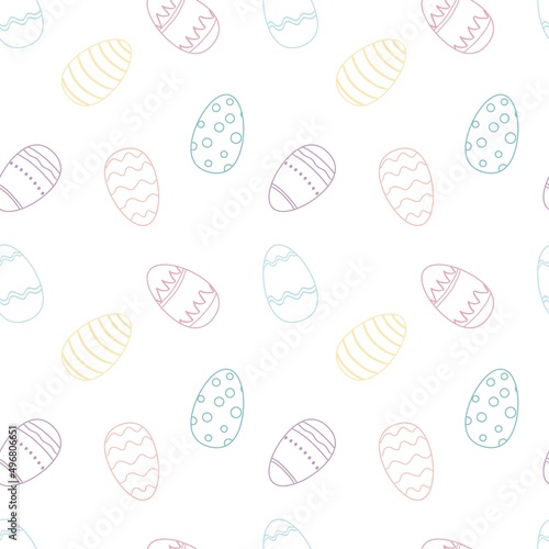 Happy Easter seamless pattern with colorful Easter eggs with different texture on a white background. Spring holiday concept. Vector Illustration
