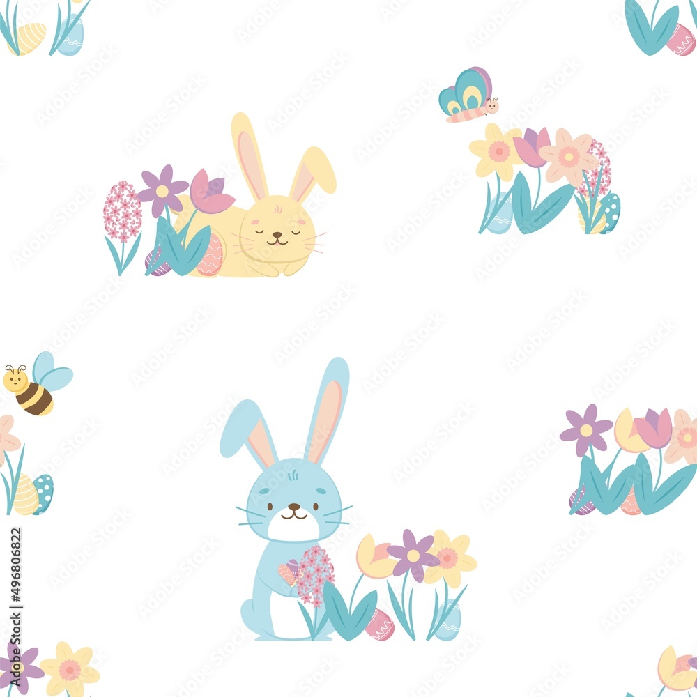 Seamless pattern with Easter Bunny rabbit, eggs and tulips flowers in the basket over white background. Vector illustration. Seamless pattern with Easter Bunny rabbit, eggs and tulips flowers in the basket over white background. Vector illustration.