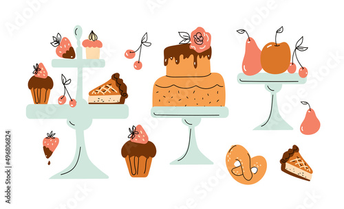  Afternoon tea Stand set with cakes, coffee house icons of desserts.