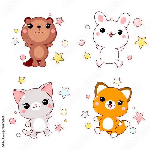 Set of cute animals baby - fox, cat, bunny, beaver. Childish collection of kawaii characters. Vector illustration EPS8
