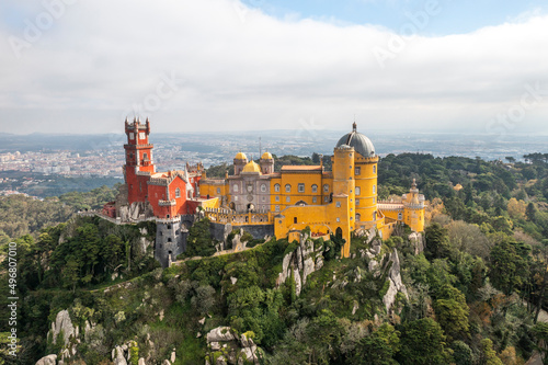 Aerial view of Pena Palace, a beautiful castle on hilltop in Sintra, Lisbon, Portugal. photo