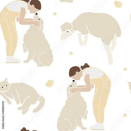 Happy Easter. Modern flat Easter seamless pattern on white background with a girl on the farm  a dog and a cat. Aesthetics of spring. Cute pattern for textiles and festive packaging. Hello April