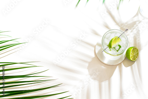 glass with cold mineral water with lime and ice cubes. Tropical palm leaf shadow. Sunlight and shadow background. beige minimal.