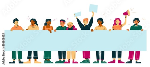 People hold banner. Students group, big blank poster, peaceful protest, stop war appeal, persons meeting, parade characters, young activists demonstrating, human rights vector concept