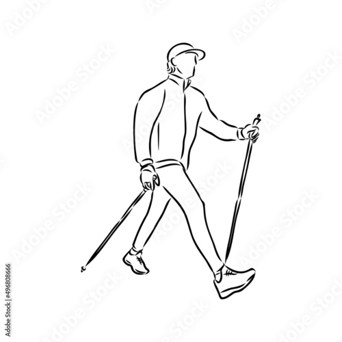 Continuous line drawing. A young woman walks on foot with walking sticks. Nordic walking, vector sketch illustration