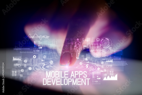 Finger touching tablet with web technology icons concept