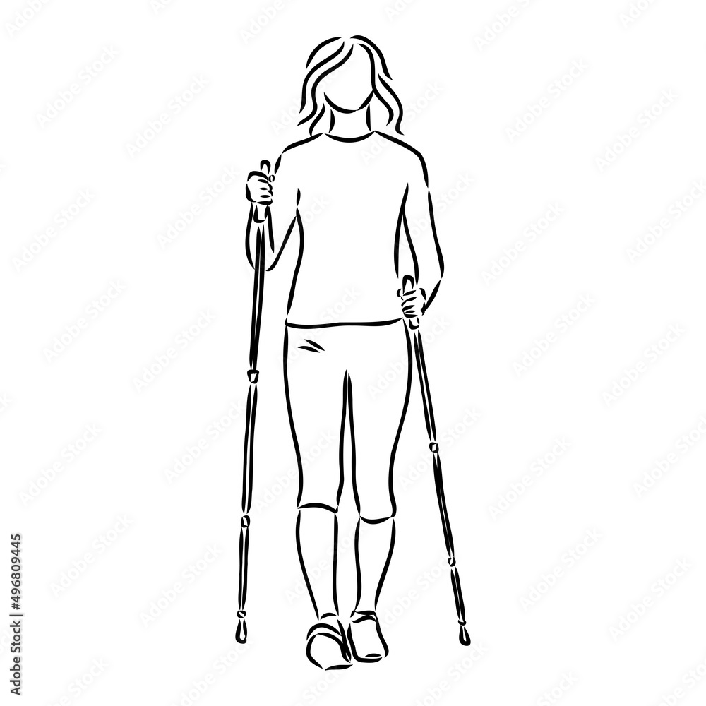 Continuous line drawing. A young woman walks on foot with walking sticks. Nordic walking, vector sketch illustration Continuous line drawing. A young woman walks on foot with walking sticks. Nordic walking, vector sketch illustration