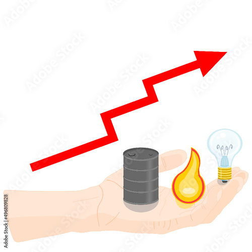 Mano con barril de petróleo, llama de gas y bombilla marcando la subida de precios de la energía sobre fondo trasparente