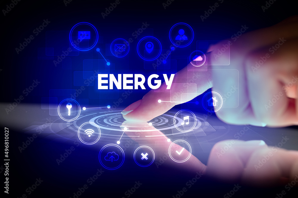Finger touching tablet with web technology icons concept Finger touching tablet with web technology icons concept