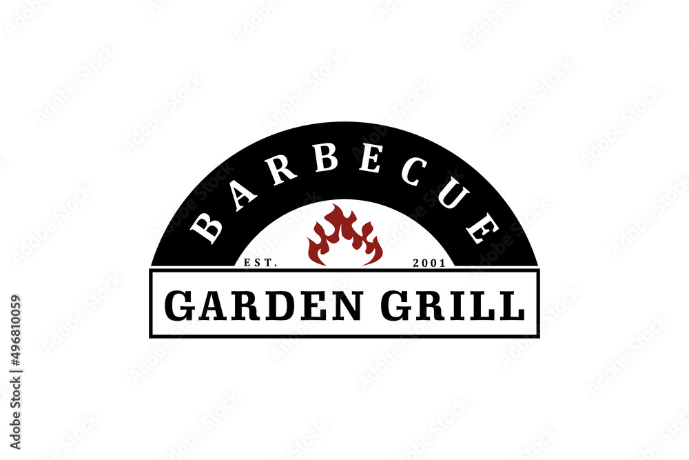 Fototapeta premium Vintage Grill with crossed fork and fire flame Logo design