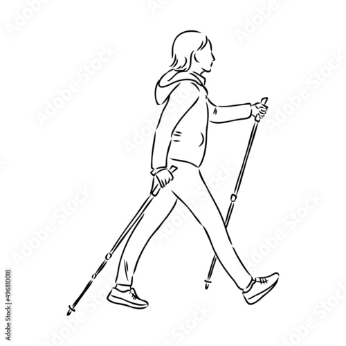 Continuous line drawing. A young woman walks on foot with walking sticks. Nordic walking, vector sketch illustration