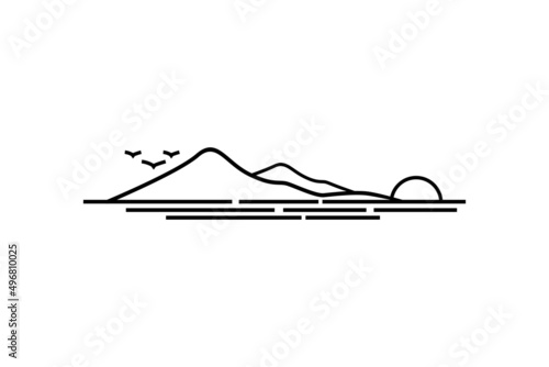 Sunset Island Lake Beach Sea Ocean with Mountain Peak Hill logo design inspiration