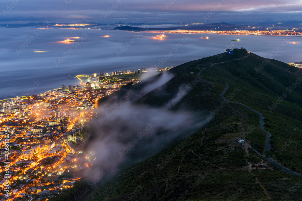 Aerial view of Cape Town skyline at night from Signal Hill, Lion's Head ...