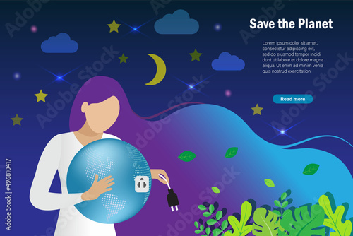 Earth hour, turn off light to save energy. Woman unplug green globe in arm for relaxing. World environment day, earth day and care for nature concept.