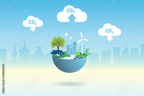 CO2 carbon emissions, earth day concept. Green alternative consumption energy world with solar panel, wind turbine to reduce carbon emissions and sustainable positive environment.