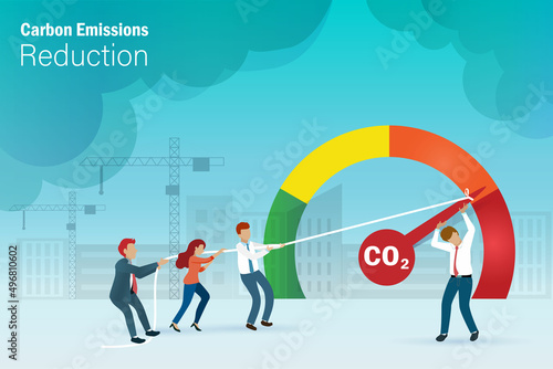 Co2 carbon emission reduction concept. Businessman team pull rope to low Co2 carbon emissions scale with toxic air quality, constuction site background.