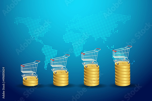 Stack of gold coin in growth graph with shopping cart on world map. Growth of grocery sales. CPI, Consumer price index, inflation and economic indicator concept.