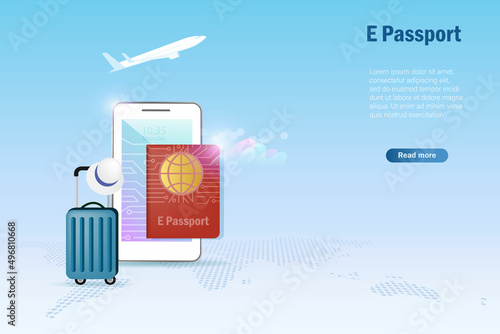 E passport, electronic passport on smartphone with luggage and airplane. Digital official passport online for traveling.