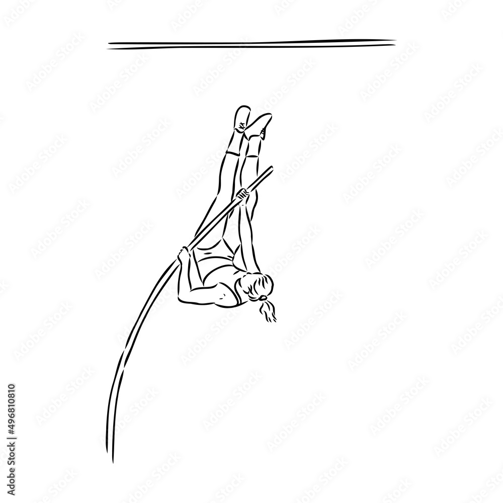 Continuous line drawing of athlete pole vault. One line jumping sport vector illustration on white background Continuous line drawing of athlete pole vault. One line jumping sport vector illustration on white background