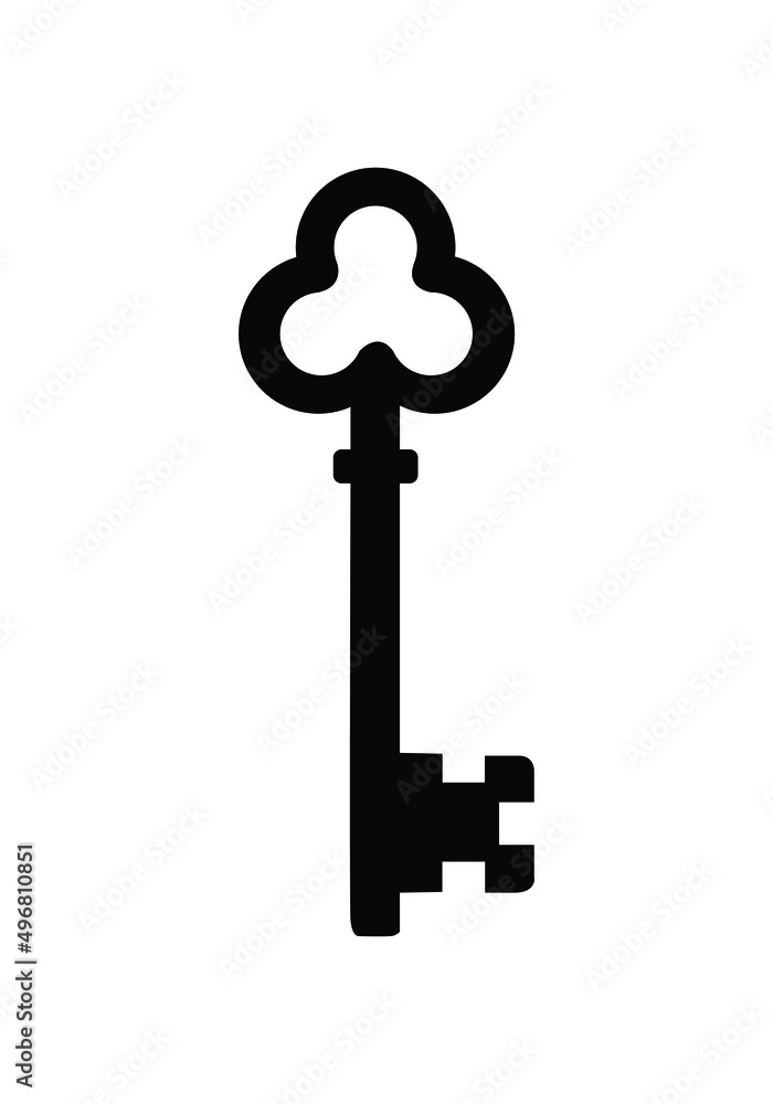Old ornate key vector icon isolated on white. Antique key silhouette.