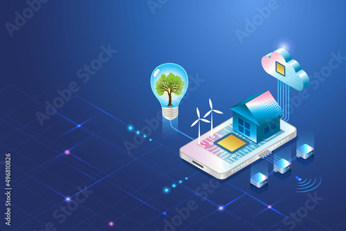 Green technology. Environmentally friendly solar roof home on smartphone with cloud computing and tree growing in lightbulb. Alternative energy for sustainable ecological, circular economy.
