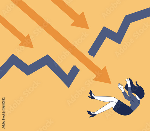 Crisis concept. Bankruptcy with falling down profit graph and money