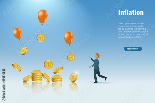 Inflation, deflation, money lost concept. Businessman chasing flying money on balloon. Profit lost, value reduce due to global financial economic crisis.