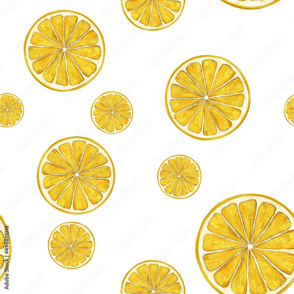 lemon pattern. Bright seamless pattern with yellow halves of lemon. Idea for wrapping paper, postcards, wallpaper, textiles.
