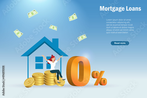 Refinance, home loan, house or real estate mortgage concept. Happy woman sit on gold coins with 0% interest rate. Promotion campaign in financial, banking business.