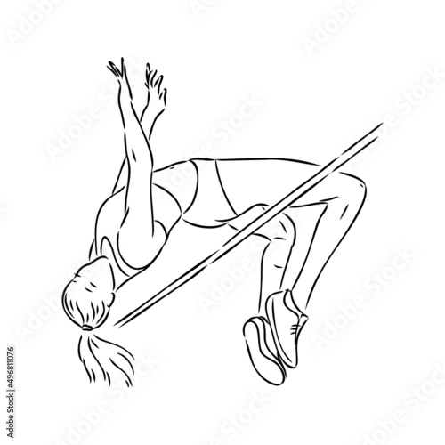 Continuous line drawing of athlete pole vault. One line jumping sport vector illustration on white background