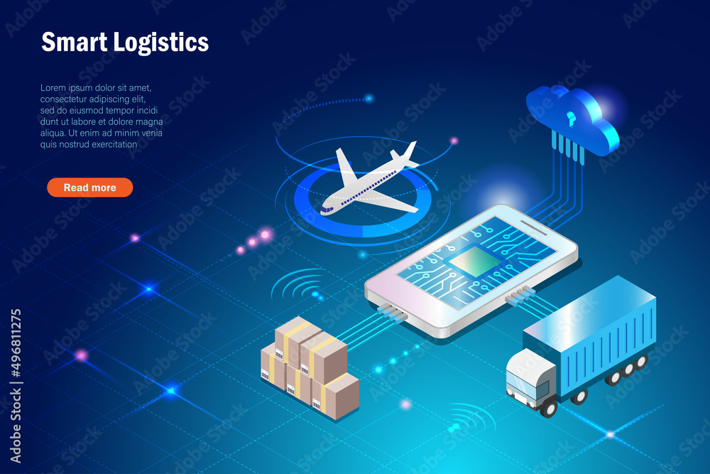 Smart logistics delivery tracking system on smartphone. Shipment carton delivery by with airplane and truck with cloud computing use wireless technoloty. Global transportation import export freight.
