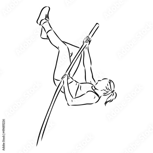 Continuous line drawing of athlete pole vault. One line jumping sport vector illustration on white background