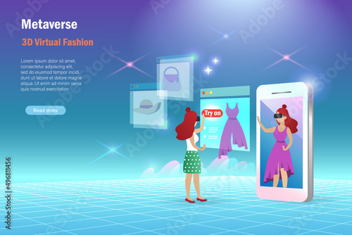 Metaverse virtual try on cloth. Woman use metaverse technology try on dress with mirror reflection on smart phone screen. Textiles fashion and clothes design in futuristic technology.