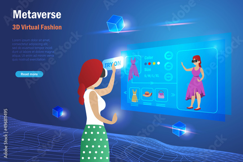 Metaverse virtual try on cloth. Woman use metaverse technology try on dress with mirror reflection on virtual device screen. 3D textiles fashion and intelligent graphic design in futuristic technology