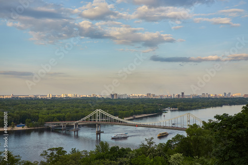 The pedestrian bridge across the Dnieper. Suspension bridge in Kiev. Kiev, Ukraine