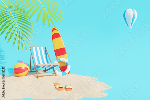 beach illustration with beach chair sea ​​on a pastel blue background Summer vacation concept. 3D rendering.