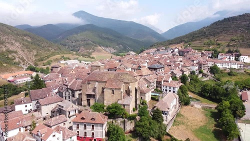 Ansó Village at Anso Valley, Huesca, Aragon, Spanish Pyrenees, Spain - Aerial Drone View photo