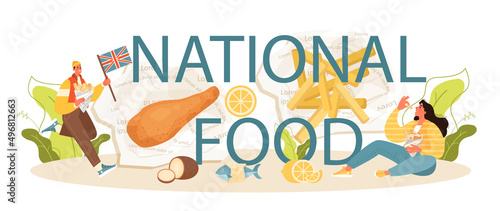 National food typographic header. British deep-fried fish and chips