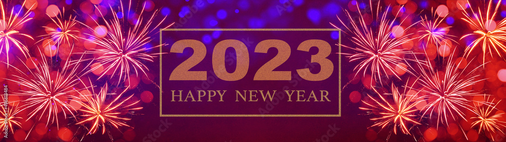 2023 Happy New Year, New Year's Eve Party, festive celebration holiday greeting card background banner panorama illustration template - Golden frame with lettering typography, fireworks 