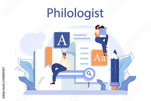 Philologist concept. Scientific study of language, its history