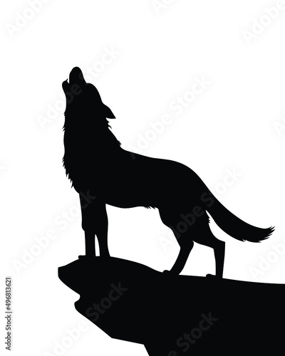 Vector of wolf standing on the edge of a hill. Howling wolf silhouette. 