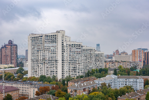 Aerial view of the city center of Kiev, Ukraine and the panorama apartment building on Lesya Ukrainka Street