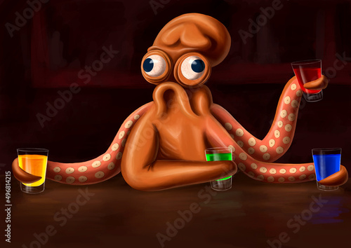Octopus drinking shots in a bar - funny digital illustration photo