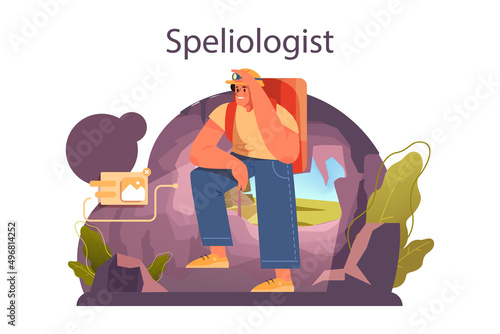 Speleologist concept. Scientst exploring deep cave with special